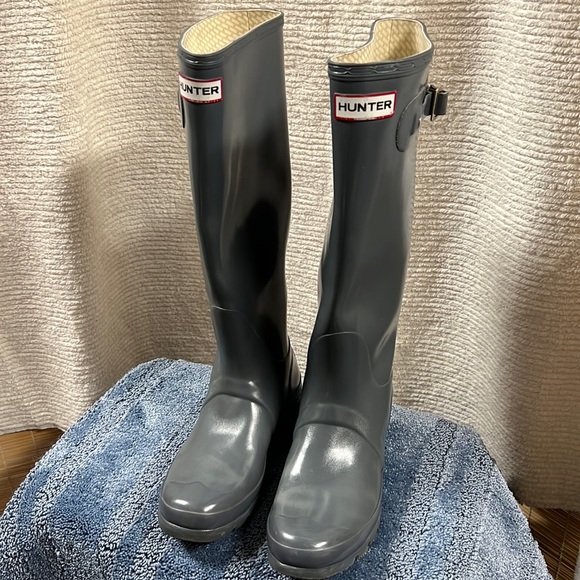 Hunter long original gloss W23616 Grey rain boots size 7 - Picture 1 of 11
